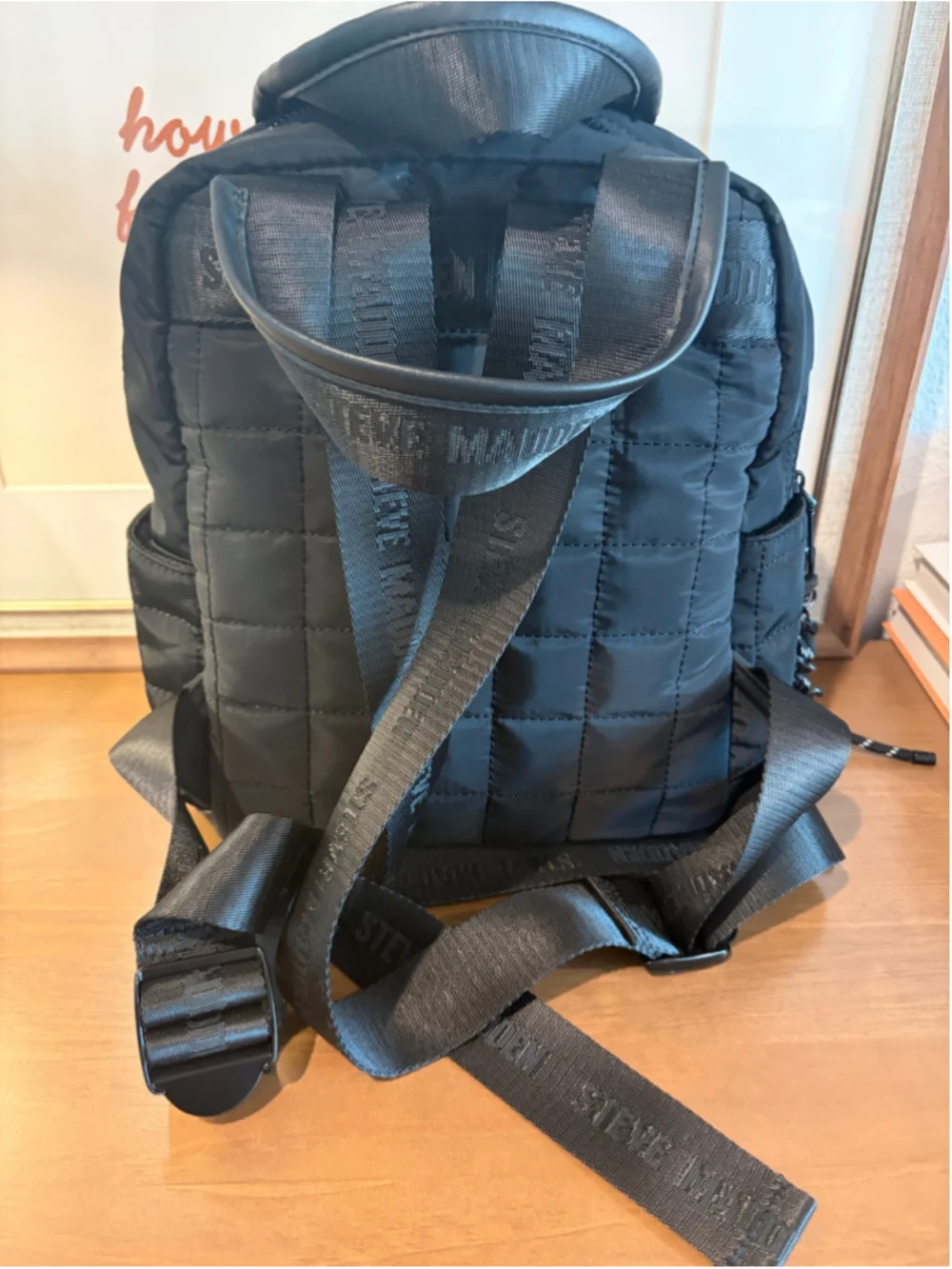 Steve Madden Black Quilted Nylon Backpack Logo Straps - EUC